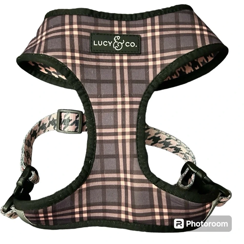 Lucy & Co Blushing Plaid Pink Houndstooth Reversible Harness and Leash Set